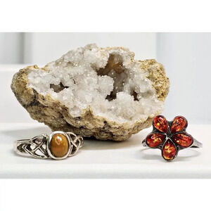 925 Sterling Silver Lab Created Opal Ring [SZ 10] Synthetic Amber Ring [SZ 7.5]
